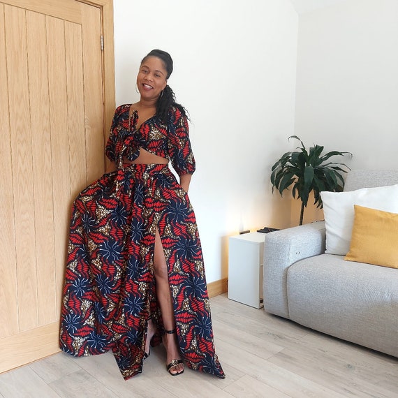 Rubane African Print Women s Maxi Full Long Length Cotton Skirt Set Crop Top Scarf Pockets Kente Ankara Dashiki Wedding Etsy