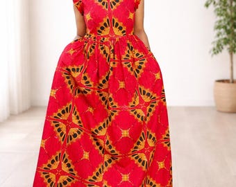 Sapphire Red African Wax Cotton Maxi Dress: Vintage Ankara Floral Gown