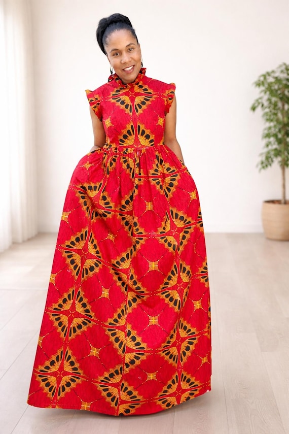 Sapphire Red African Wax Cotton Maxi Dress: Vintage Ankara Floral Gown Sapphire Red African Wax Cotton Maxi Dress: Vintage Ankara Floral Gown