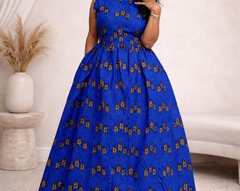 Royal Blue African Print Maxi Dress | Sleeveless Ankara Gown with Pockets