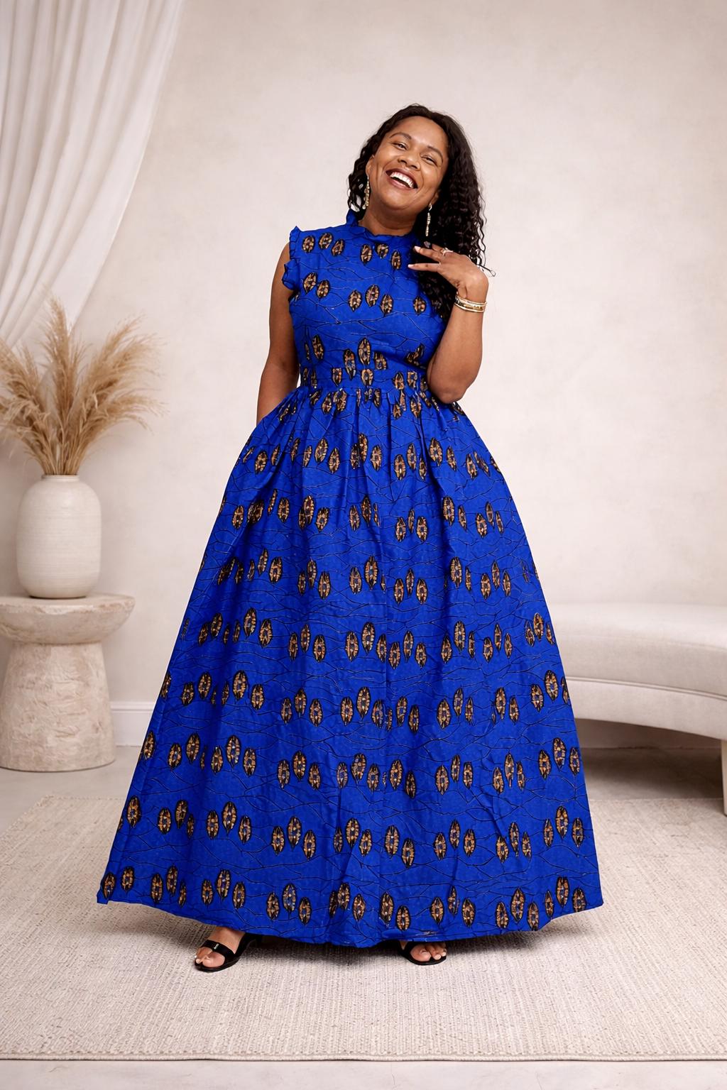 Royal Blue African Print Maxi Dress | Sleeveless Ankara Gown with Pockets Royal Blue African Print Maxi Dress | Sleeveless Ankara Gown with Pockets