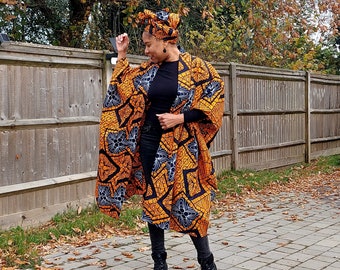 Bolama Orange: African Print Ankara Kimono, African clothing for women