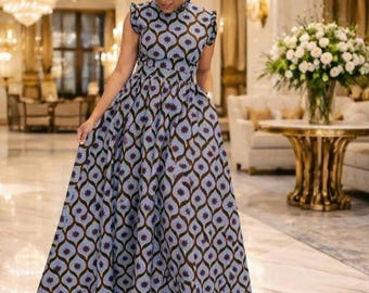 Sapphire Grey African Wax Cotton Maxi Dress: Floral Party Dress