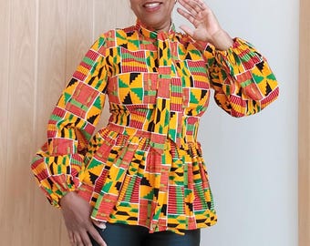 Kente Print Peplum Blouse: African Wax Cotton Long Sleeve Top
