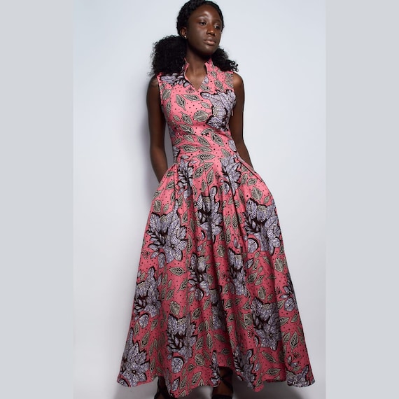 Robe longue fleurie rose robe africaine robe ankara robe en wax robe de mariee robe de soiree robe a fleurs noel cadeaux evenements Etsy France