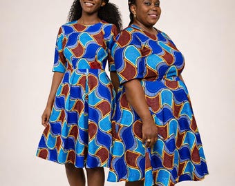 Blue Ankara Dress: African Print Knee-Length Cotton Fashion