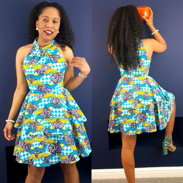 High Neck Frill Dress/ankara dress/blue dress/frill dress/african wax/gift/party dress/casual wear/floral dress/vintage dress