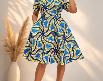 Azura African Print Midi Dress – Green Cotton Fit & Flare with Pockets