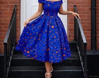 Blue African Print Off-Shoulder Midi Dress – Fully Lined with Pockets