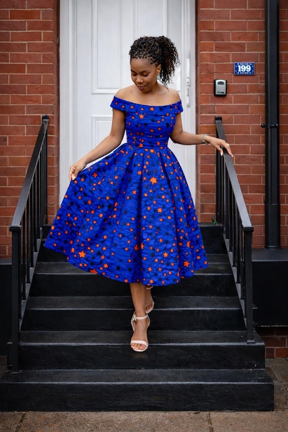 blue off shoulder midi dress African Print Off-Shoulder feminine silhouette SizeChart:menstops Inspire Chic Cocktail Dress Color:Vintage Bouquet Blue