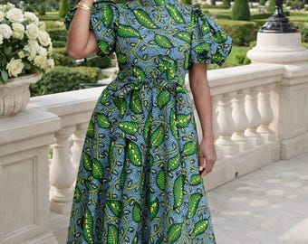 Puff Sleeve Ankara Dress, African Wax Cotton, Wedding Guest Dress