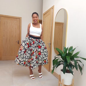 Ankara Midi Skirt: African Wax Print, Black Waistband