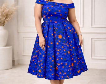 Blue African Print Off-Shoulder Midi Dress – Fully Lined with Pockets