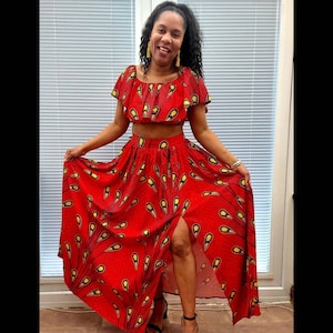 African Print Skirt & Crop Top Set: Red Gold Ankara Wax, Maxi Skirt