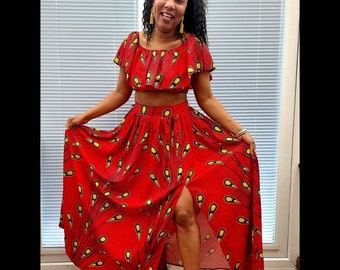 Geba Maxi Skir, African Long Skirt, Beautiful Skirt & Crop Top set, African Ankara Wax Print, Maxi Skirt, African Print Red Gold Skirt