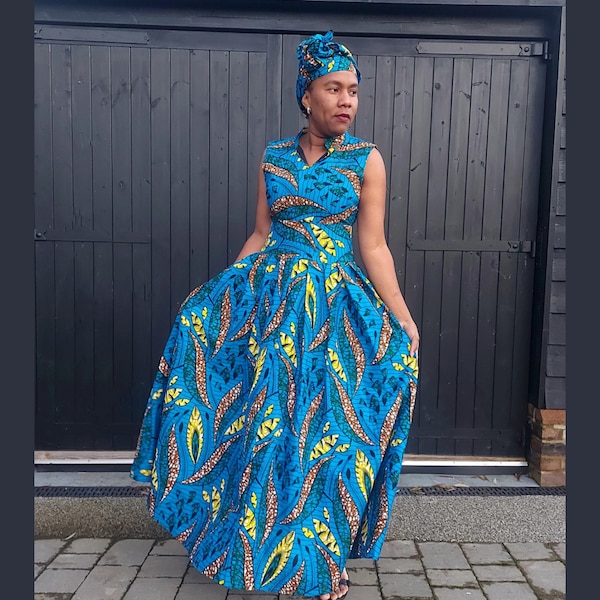 Robe longue Luna/robe africaine/robe ankara/robe wax/robe de mariée/robe de soirée/robe à fleurs/noël/cadeaux/événements