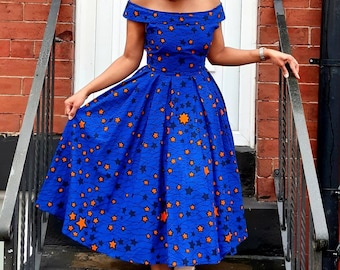 Star Blue Dress/ankara dress/african wax/classy wear/wedding dress/african print dress/vintage dress/smart dress