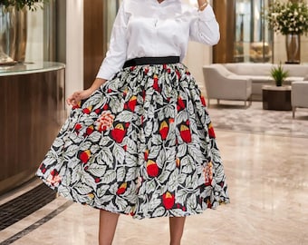 Ankara Midi Skirt: African Wax Print, Black Waistband