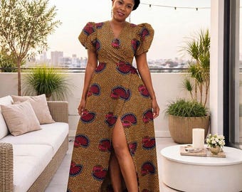Jayde African Print Maxi Dress: Ankara Wrap Dress with Side Split