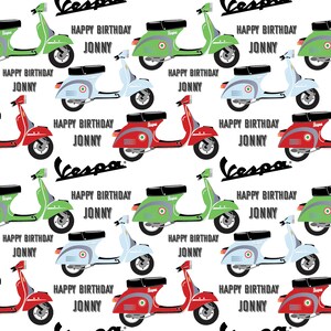 May include: A repeating pattern of colorful Vespa scooters with the text "Happy Birthday Jonny" on a white background.