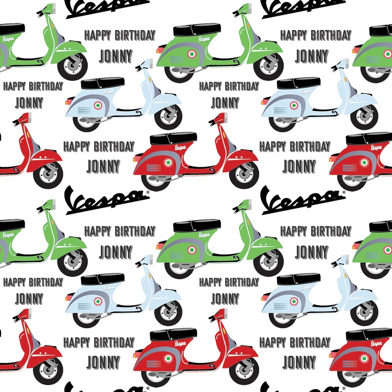 May include: A repeating pattern of colorful Vespa scooters with the text "Happy Birthday Jonny" on a white background.
