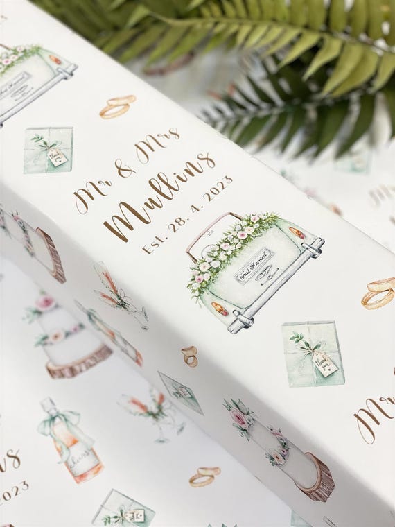 Mr And Mrs, Personalised Wedding Gift Wrap, Recyclable Paper - Sheet, Date, Surname | Multiple Sizes Available
