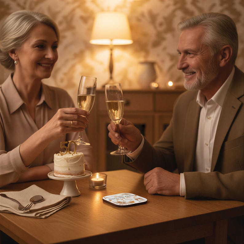 An older couple is seated at a table, smiling and toasting with champagne glasses.