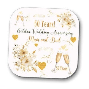 The image is a 50th anniversary card celebrating the golden wedding anniversary of a couple, with illustrations of champagne glasses, flowers, and hearts.