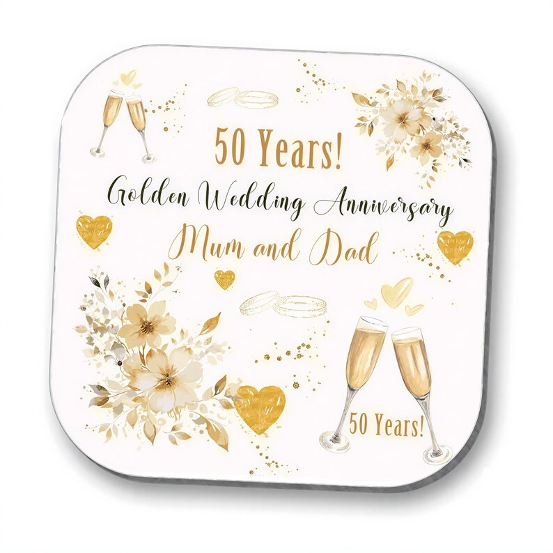 The image is a 50th anniversary card celebrating the golden wedding anniversary of a couple, with illustrations of champagne glasses, flowers, and hearts.