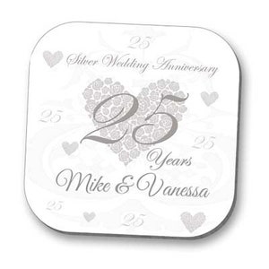 Silver 25 years Wedding Anniversary Personalised Drinks Coaster Gift - High gloss finish 10 x 10cm