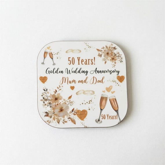 Custom Coaster, Golden Wedding Anniversary Keepsake | High Gloss Hardboard | 10Cm Format