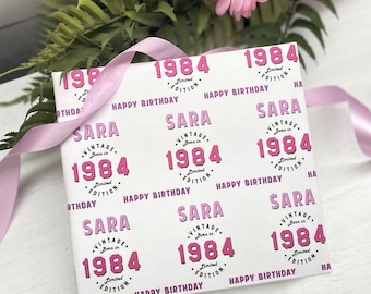 Vintage Name and Year of birth Personalised Birthday Wrapping Paper (Recyclable) - Large Sheet 24 x 32in/610 x 810mm