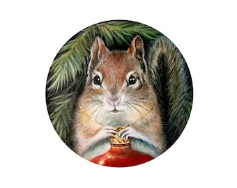 Chipmunk Art Print - Christmas Art, Whimsical Wall Art