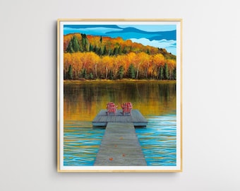 May include: A painting of a wooden dock with two red Adirondack chairs on it, overlooking a lake with fall foliage in the background.