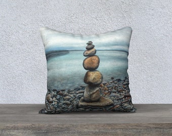 Cairn Sculpture Pillow Cover/18x18 Accent Pillow/Home Decor/Stacked Meditative Rocks