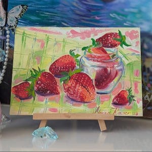 Peinture à l'huile originale Fraises – Nature morte sur panneau MDF – Petite décoration murale pour la cuisine – Fruits rouges – 21 x 30 cm