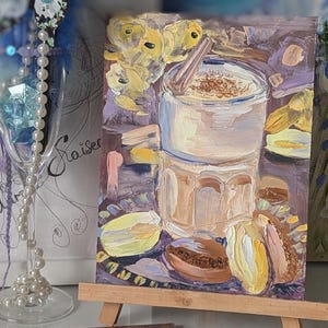 Cadeau voor koffieliefhebbers – Gestructureerd olieverfschilderij met latte en macarons – 100% originele kunst – Impasto-kunstwerk in klein formaat