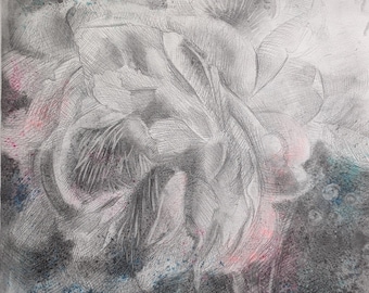 Peony Drawing Original Art 40x50 cm, Floral Ocean Wall Art, Graphite Pastel Artwork, Botanical Minimalist Decor, Blue Nature Art