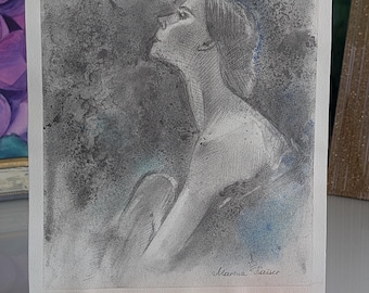 Ballerina Drawing Original Art, Pointe, Graphite Pastel Artwork, Small Dance Wall Art, Ballet Illustration, Minimalist Figurative Art