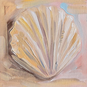 May include: An original painting of a seashell. The artwork features a detailed depiction of a scallop shell in shades of beige, yellow, and white, with subtle pink and blue accents. The painting is on a square canvas, showcasing the shell's textured surface.