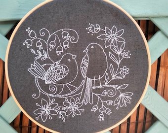 Grey Cotton Hoop Art with Birds and Flowers - Hand-Sewn / Hand Embroidered