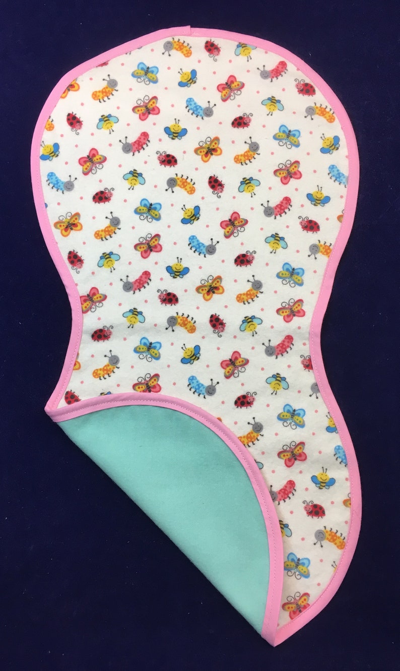 flannel Burp Rag Bugs with Teal Back and Pink Trim reversible