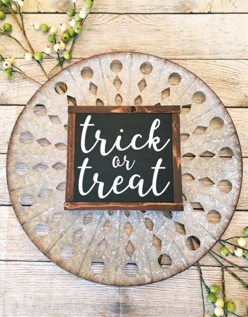 Halloween sign d\u00e9cor Cute Halloween sign decor Halloween farmhouse decor Halloween wall art Framed Halloween sign Trick or Treat sign