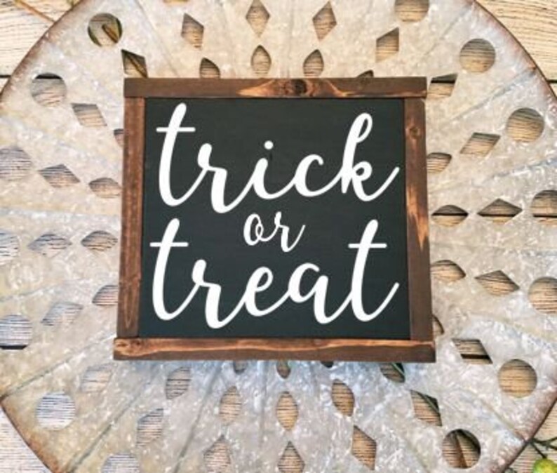 Halloween sign d\u00e9cor Cute Halloween sign decor Halloween farmhouse decor Halloween wall art Framed Halloween sign Trick or Treat sign