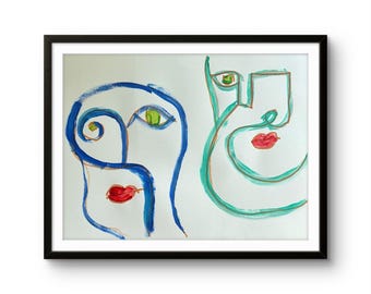 Cubist Line Art Duo Original Acrylic Paintings Blue Teal Abstract Faces 8x10 Paper Wall Decor
