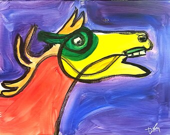 Horse Line Art Acrylic Painting 14x11 Blue Background Orange Yellow Abstract Wall Decor
