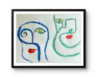 Dúo de pinturas acrílicas originales de arte lineal cubista: rostros abstractos en azul turquesa, papel decorativo de pared de 8x10 pulgadas.