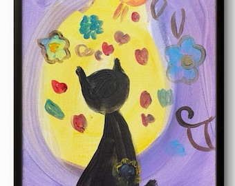 Original Abstraktes 11x14 Acrylbild Schwarze Katze Party Sonne Kunst Leinwand