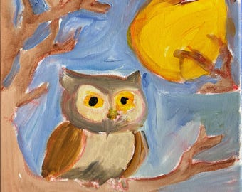 オリジナル 11x14 アクリル抽象画 フクロウの漫画風夜景画 | すぐに飾れるウォールアート