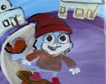 Pintura original abstrata de um gato andando de skate em acrílico, tamanho 11x14, pronta para pendurar.